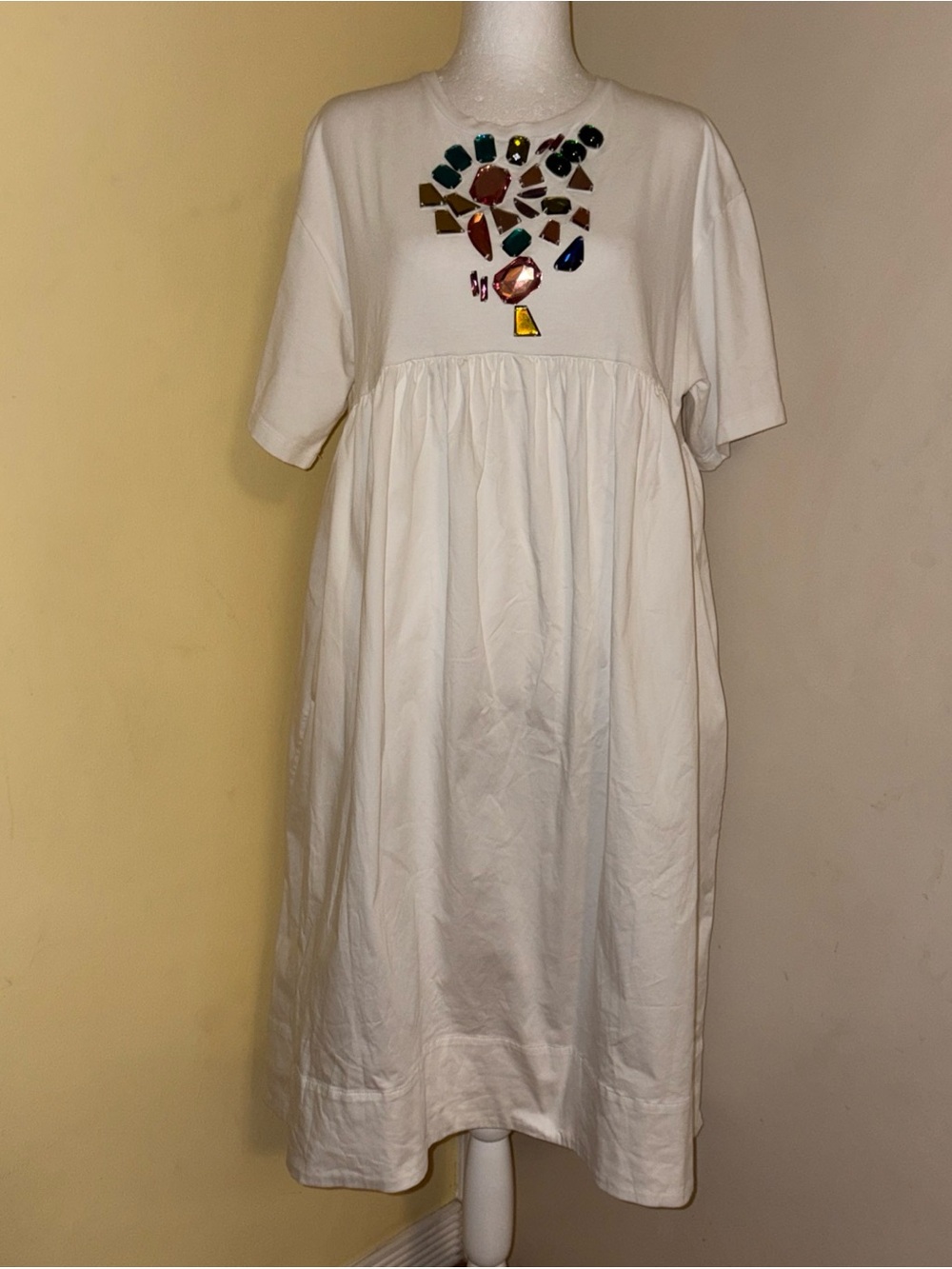 Cynthia Rowley White Short Sleeve Dress with Colorful Gem Appliqué